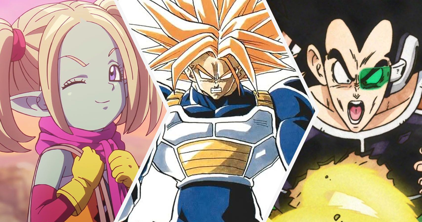 Panzy from Dragon Ball DAIMA, Super Saiyan Grade 3 Future Trunks from Akira Toriyama's Dragon Ball Manga, and Raditz dying with Goku in Dragon Ball Z