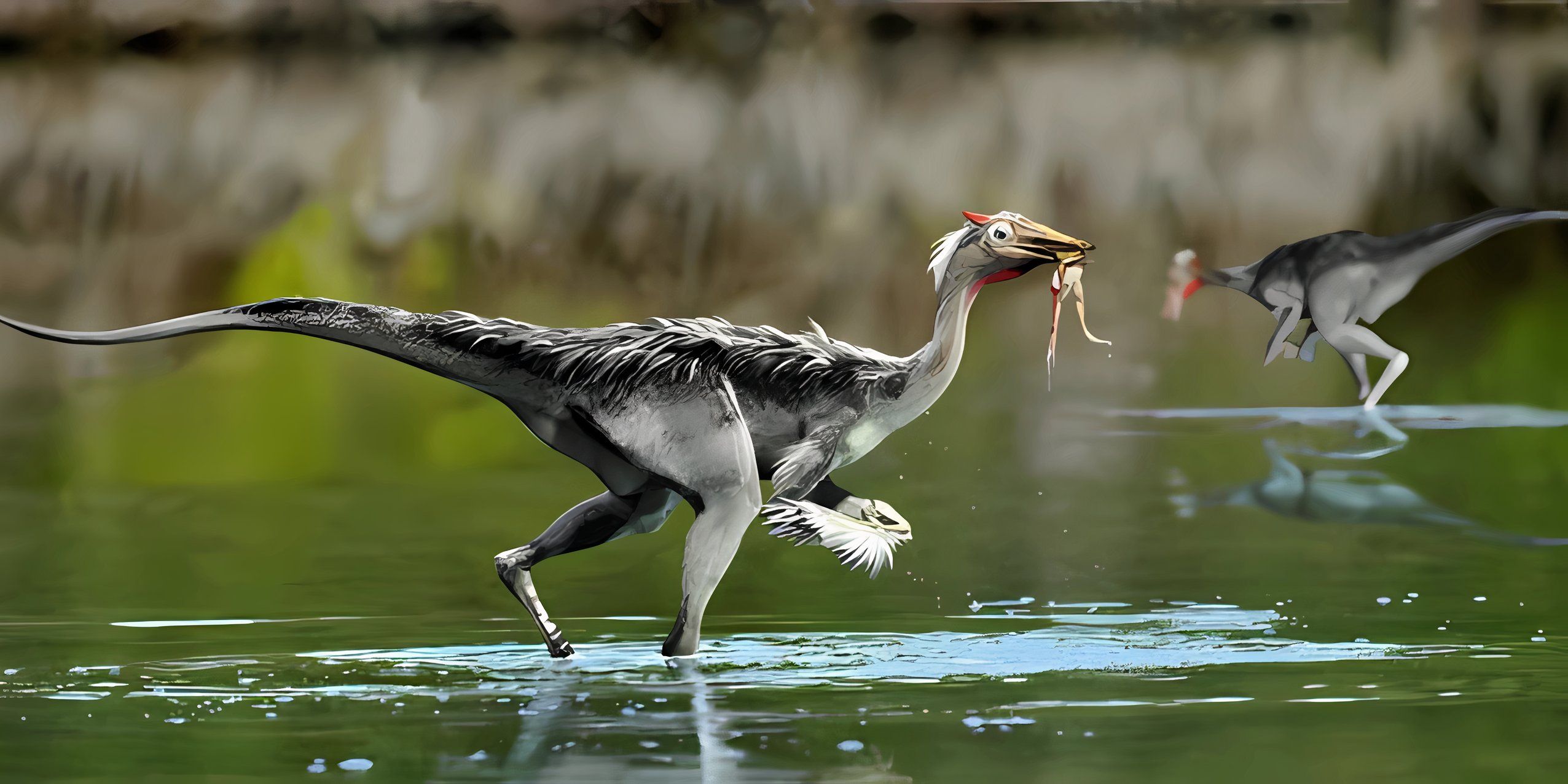 Pelecanimimus hunting in a lake