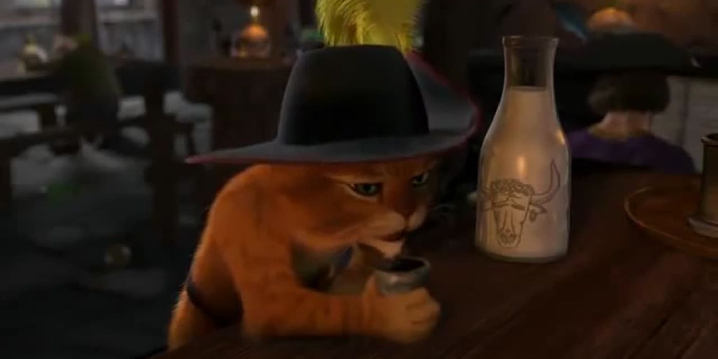 Puss in Boots declarando que odia los lunes mientras toma leche en un bar en Shrek 2