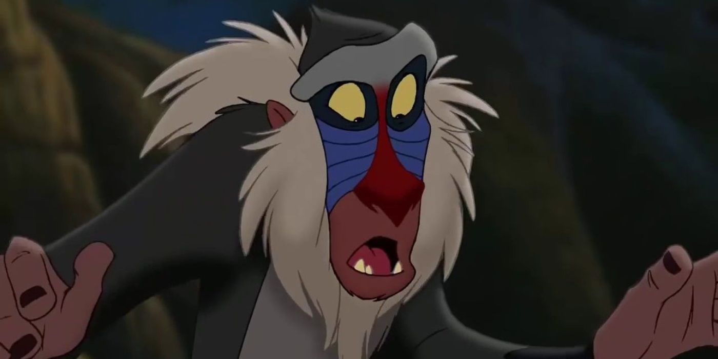 Rafiki looks down in surprise in The Lion King (1994)
