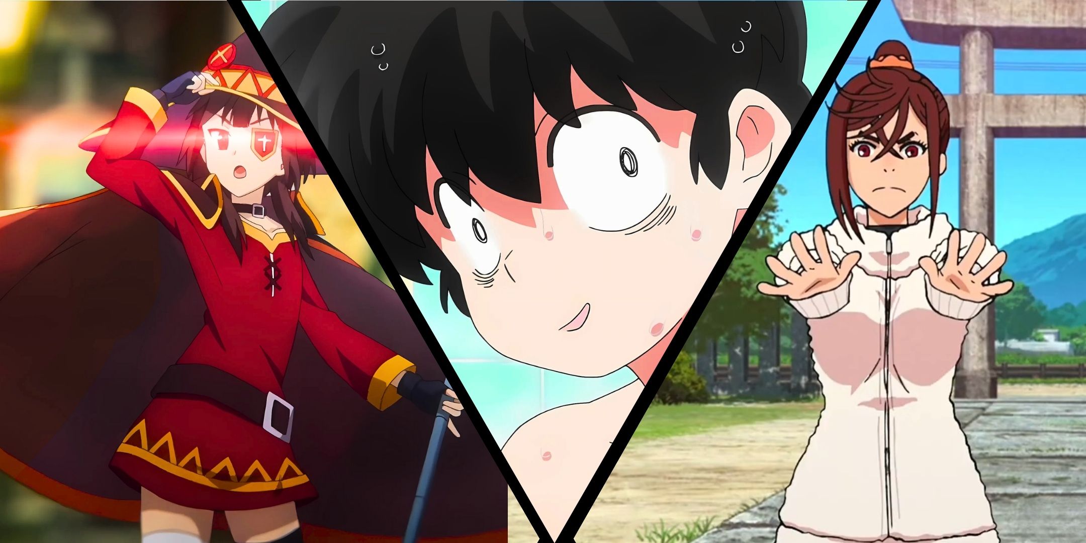 Una imagen dividida de Ranma Saotome de Ranma 1/2, Momo Ayase de Dandadan y Megumin de Konosuba