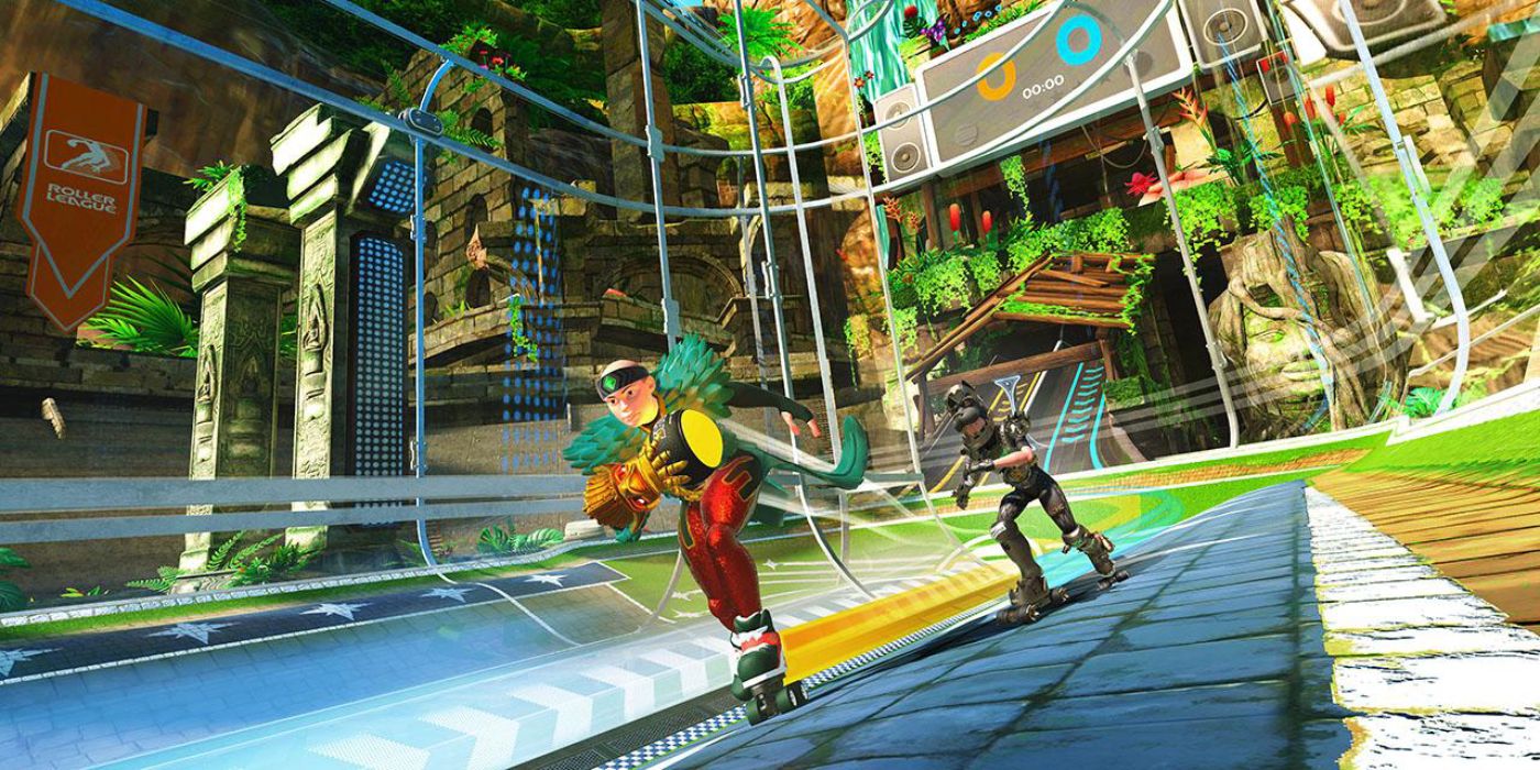 A roller skater rides away with a ball while being chased by another skater in Roller Champions