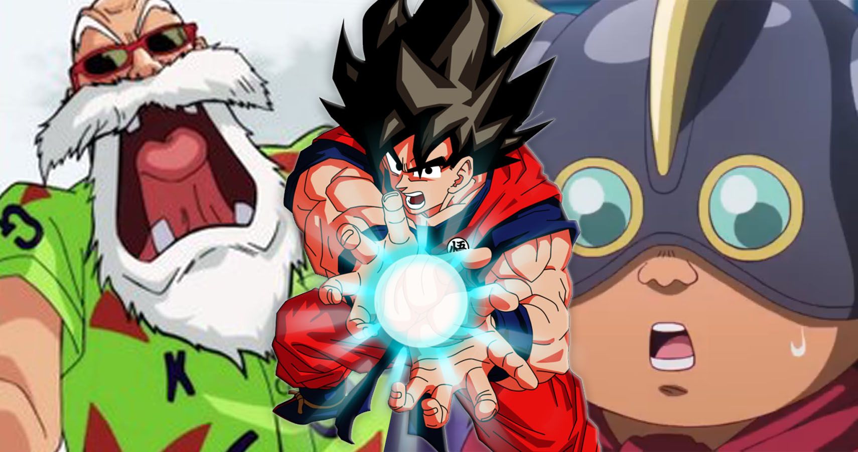 Roshi gritando, Goku disparando um kamehameha e o jovem rei de ox de Dragon Ball Super, DBZ e Dragon Ball Daima
