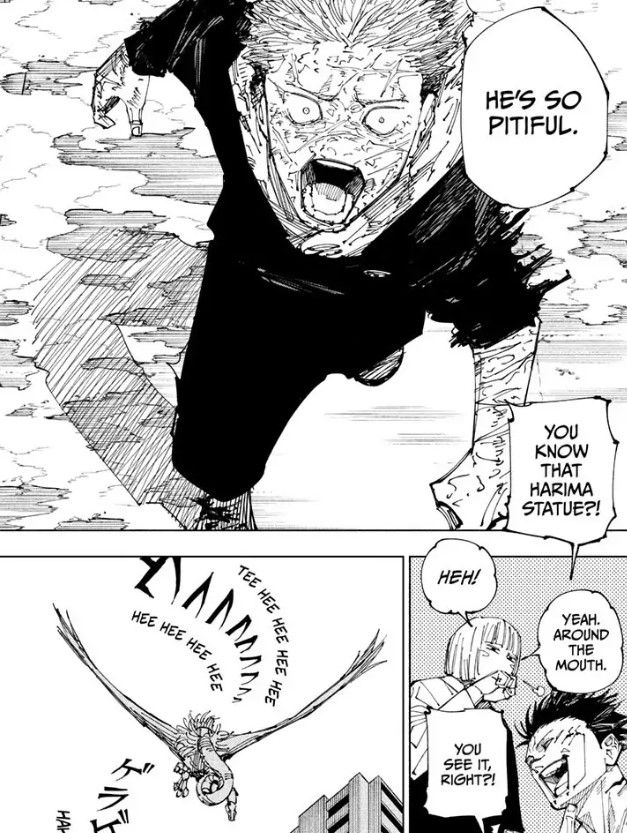 Sukuna y Uraume burlándose de Yuji en el Capítulo 215 de JJK