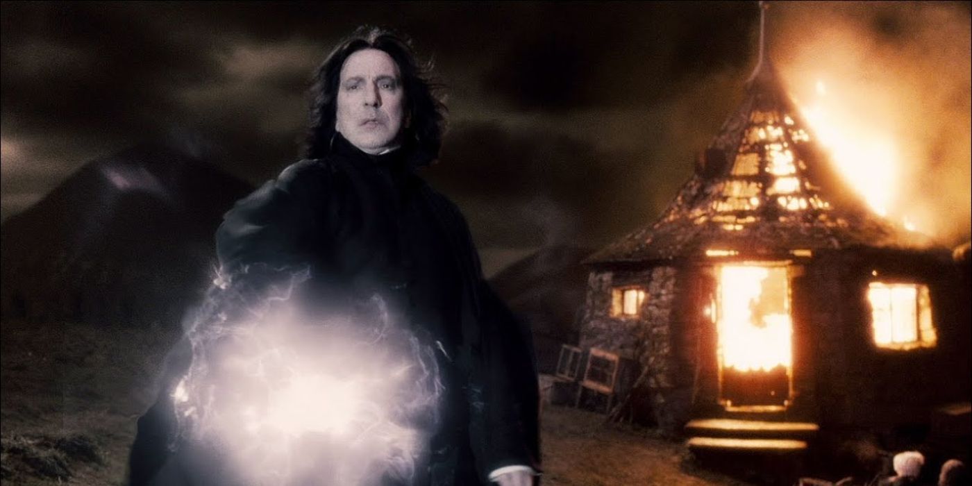 Severus Snape attacks Harry Potter in front of Hagrid's flaming house in Harry Potter and the Half-Blood Prince