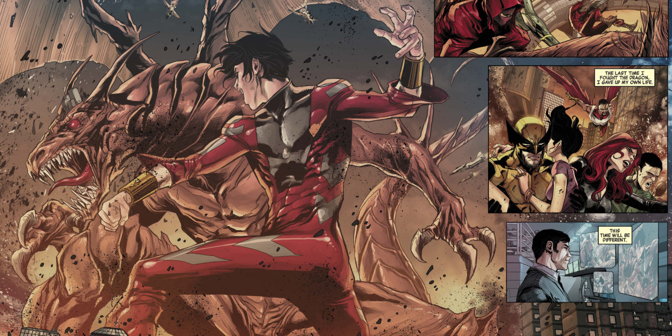 Shang-Chi turned into a giant and fighting a dragon.