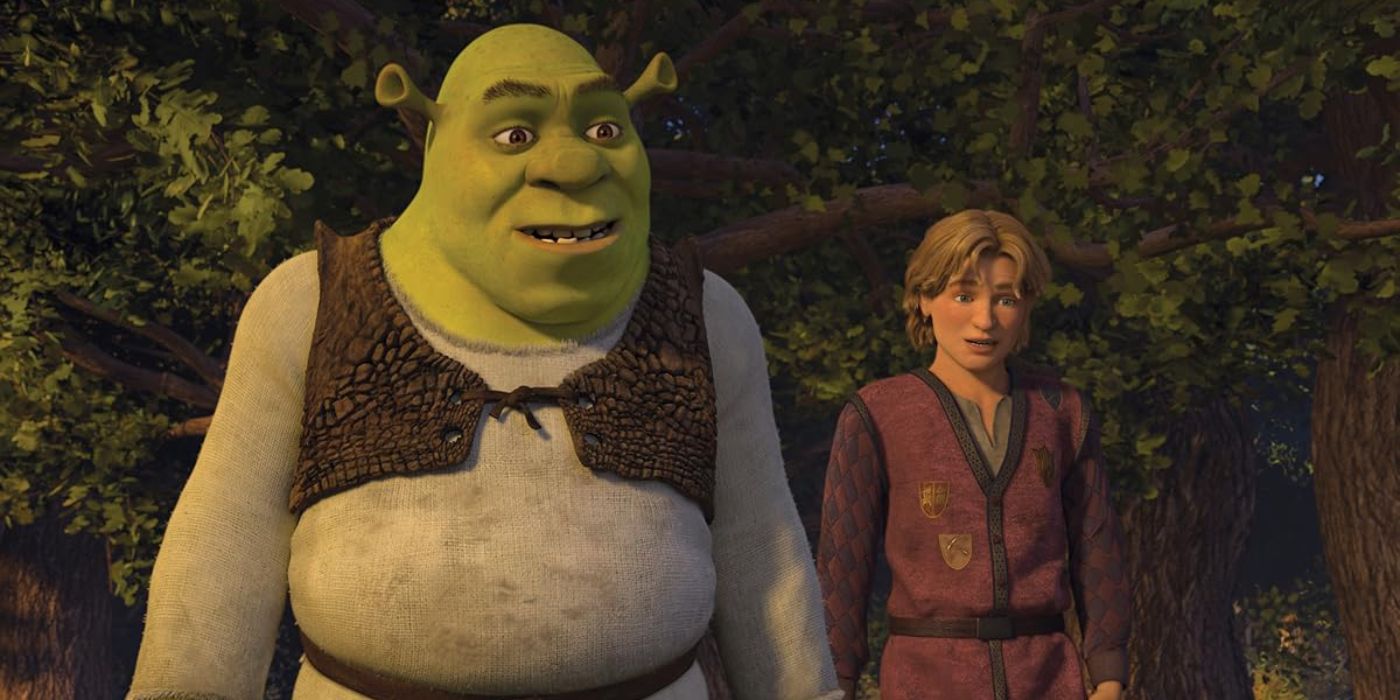 Shrek de pie junto a Artie en un bosque en Shrek Tercero