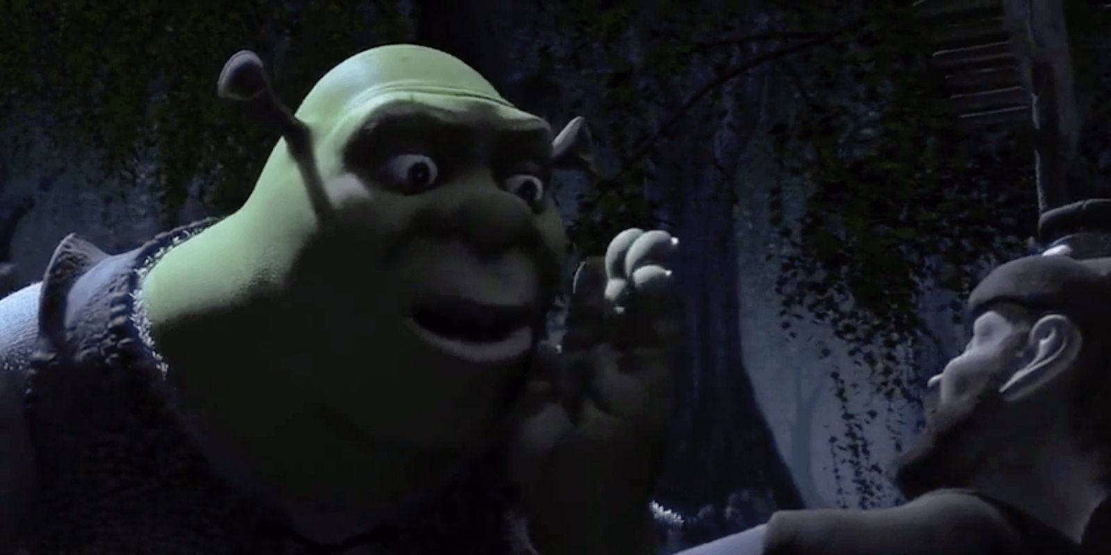 Shrek diciendo a la multitud que "Esta es la parte en la que tú corres" en la primera película de Shrek