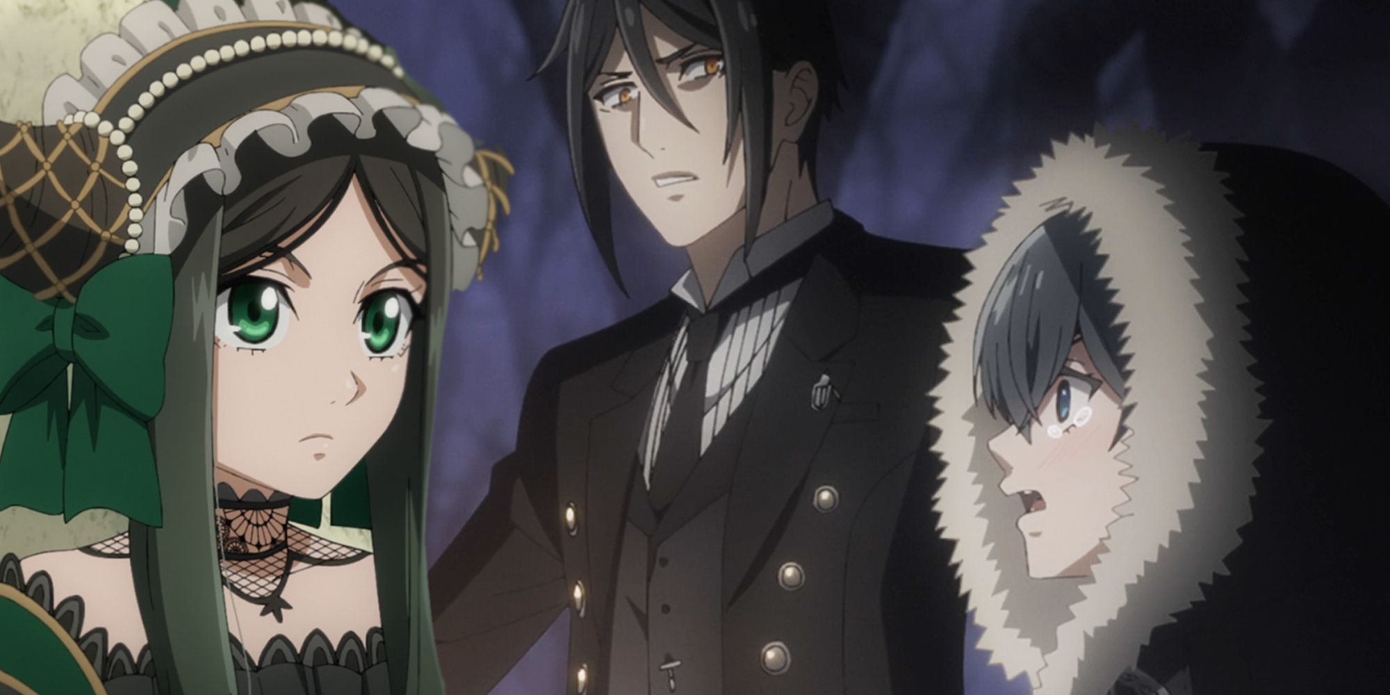Sieglinde Sullivan, Sebastian Michaelis e Ciel Phantomhive em Emerald Witch Arc, de Black Butler, episódio 2