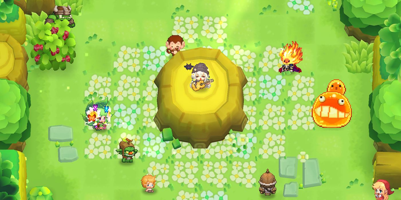 A character plays their guitar on top of a tree trunk while other players watch on in Guardian Tales.