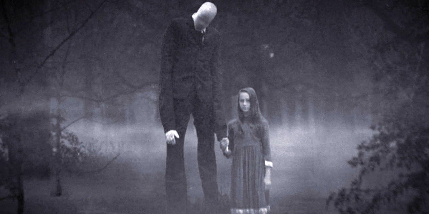 Slender Man next to a child in Beware the Slenderman