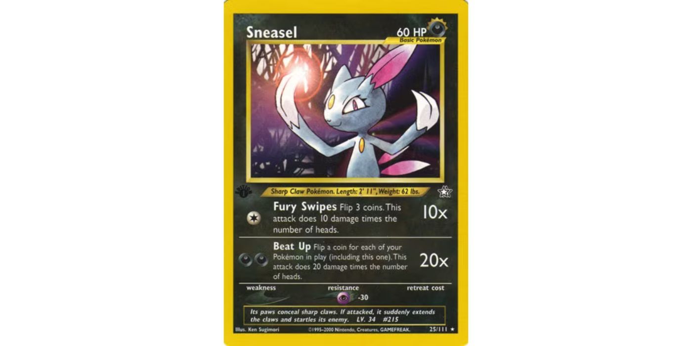 Sneasel with its claw shining in card art for the Pokémon TCG Neo Genesis set.