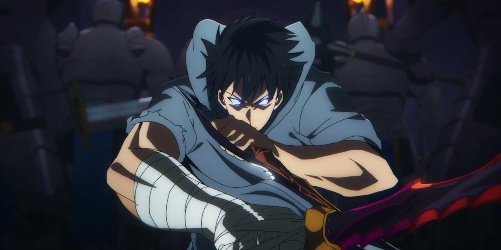 Sung Jinwoo is doing his iconic battle stance from Solo Leveling Season 1, Episode 12.