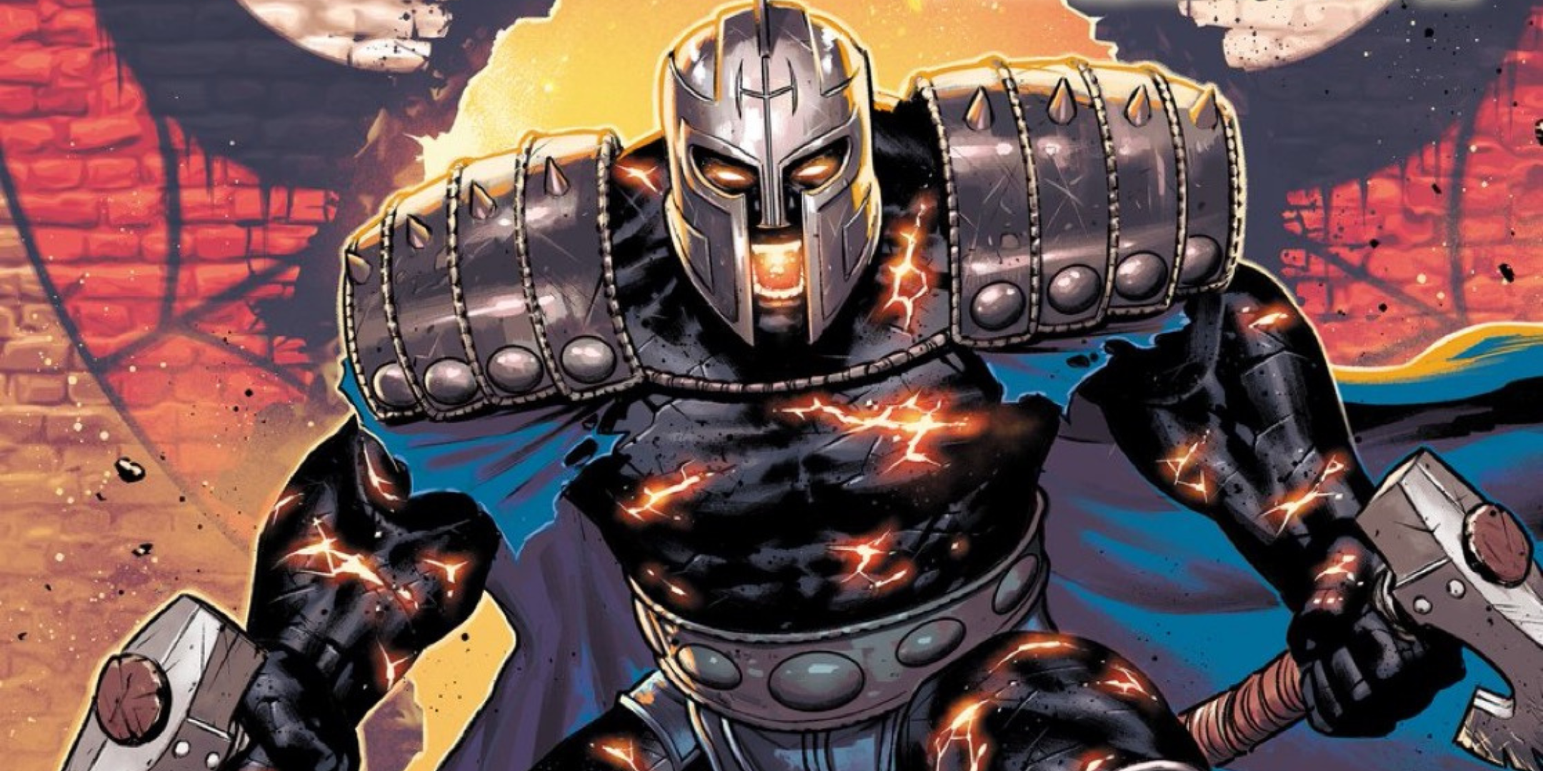 Spider-Man Hellgate ready for battle and holding two axe's.