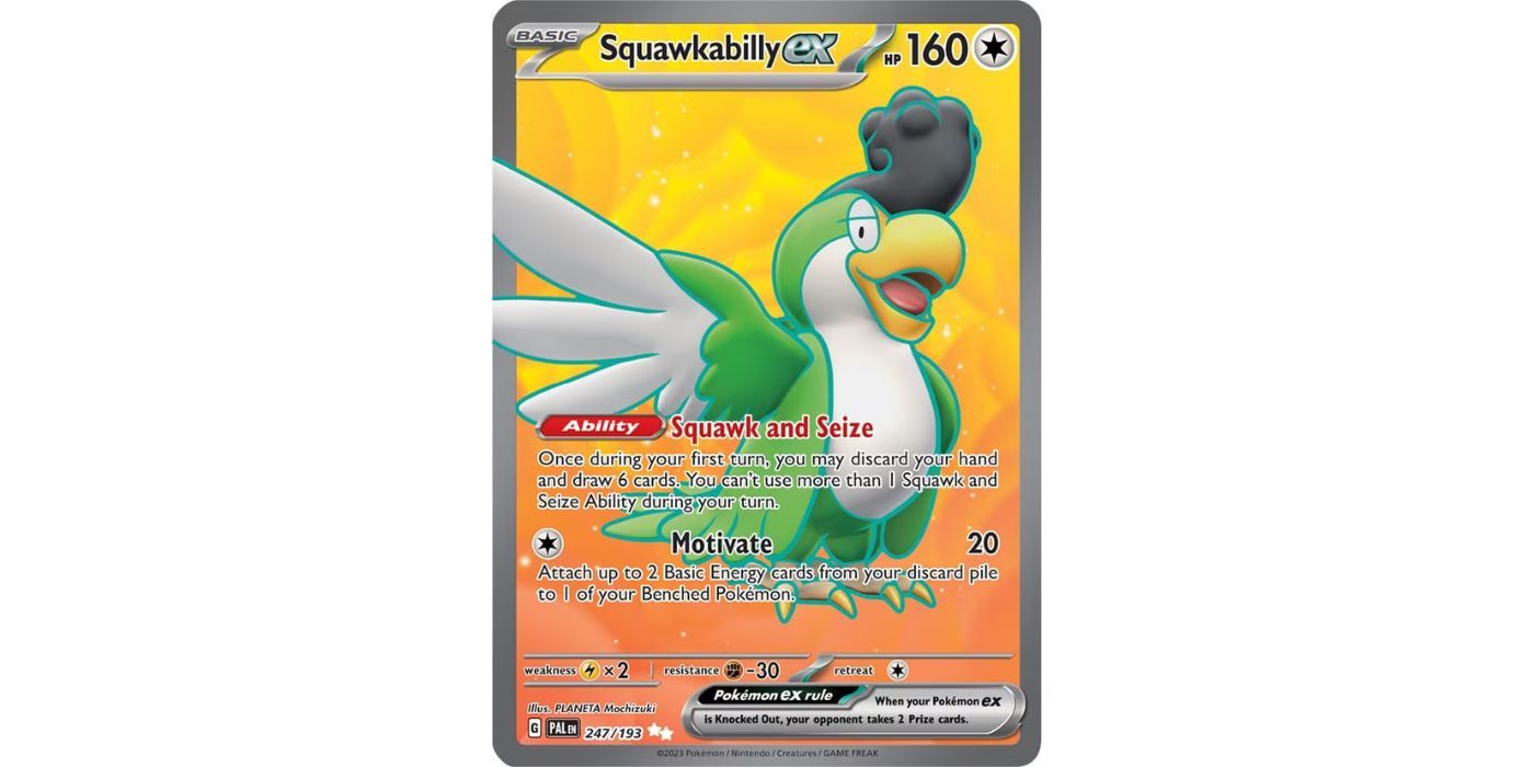 A green Squawkabilly ex with an outstretched wing in card art for Pokémon TCG Paldea Evolved.