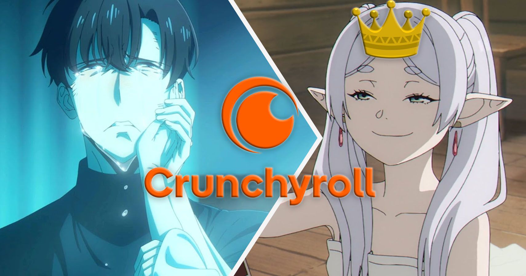 Sung Jinwoo de Solo nivelando chorando enquanto Frieren vestindo uma coroa rainha olha para ele todos presunçosos com um logotipo Crunchyroll entre eles