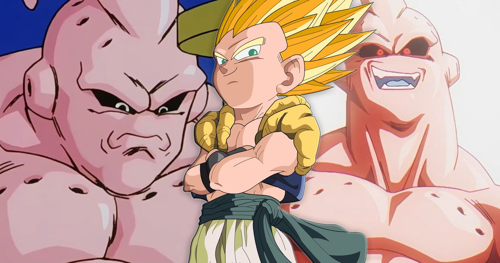Super Buu con ojos blancos, Super Saiyajin Gotenks y Super Buu con ojos rojos de DBZ y Dragon Ball DAIMA
