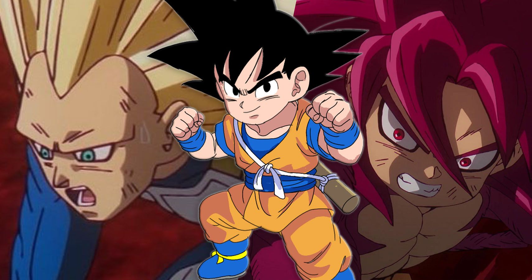 Super Saiyan 3 Vegeta adulto ajoelhado, Mini Goku fazendo uma pose e Super Saiyan 4 Mini Goku perdendo para Gomah em Dragon Ball Daima