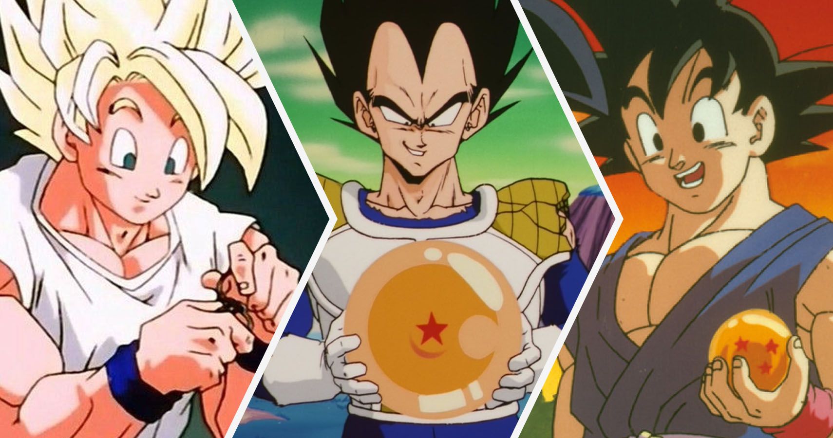 Super Saiyan Goku, Vegeta holding a Dragon Ball, and Goku holding a Dragon Ball from DBZ and Dragon Ball GT