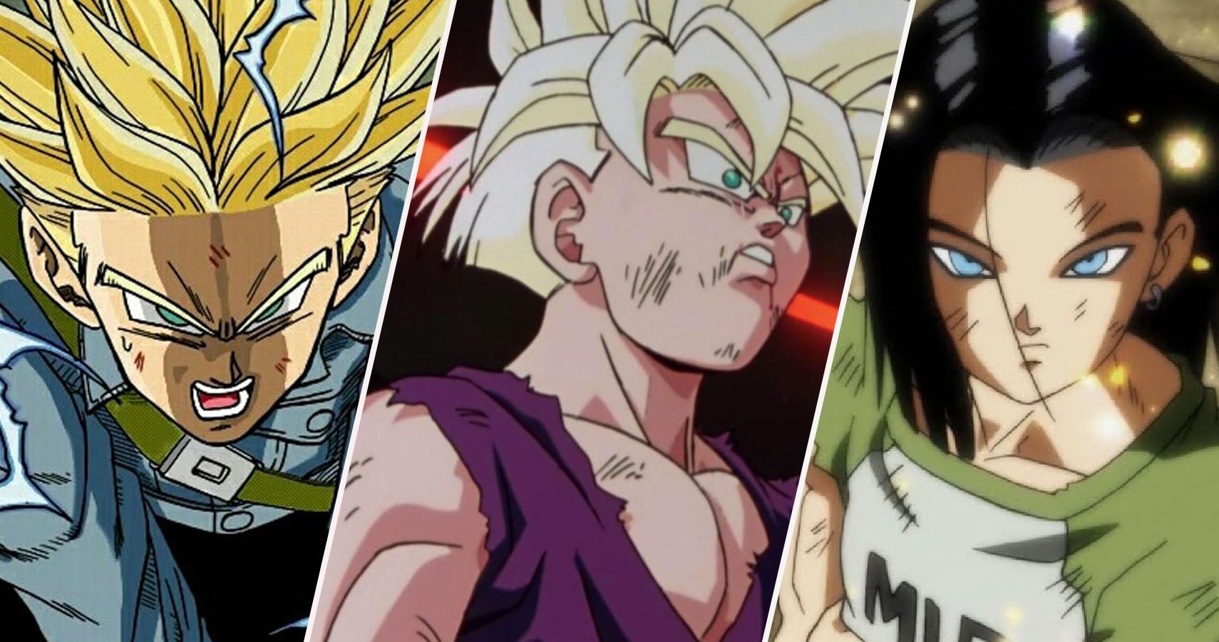Super Saiyan Rage Future Trunks, Super Saiyan Gohan turning Super Saiyan 2, and Android 17 at the Tournament of Power from Dragon Ball Super and DBZ