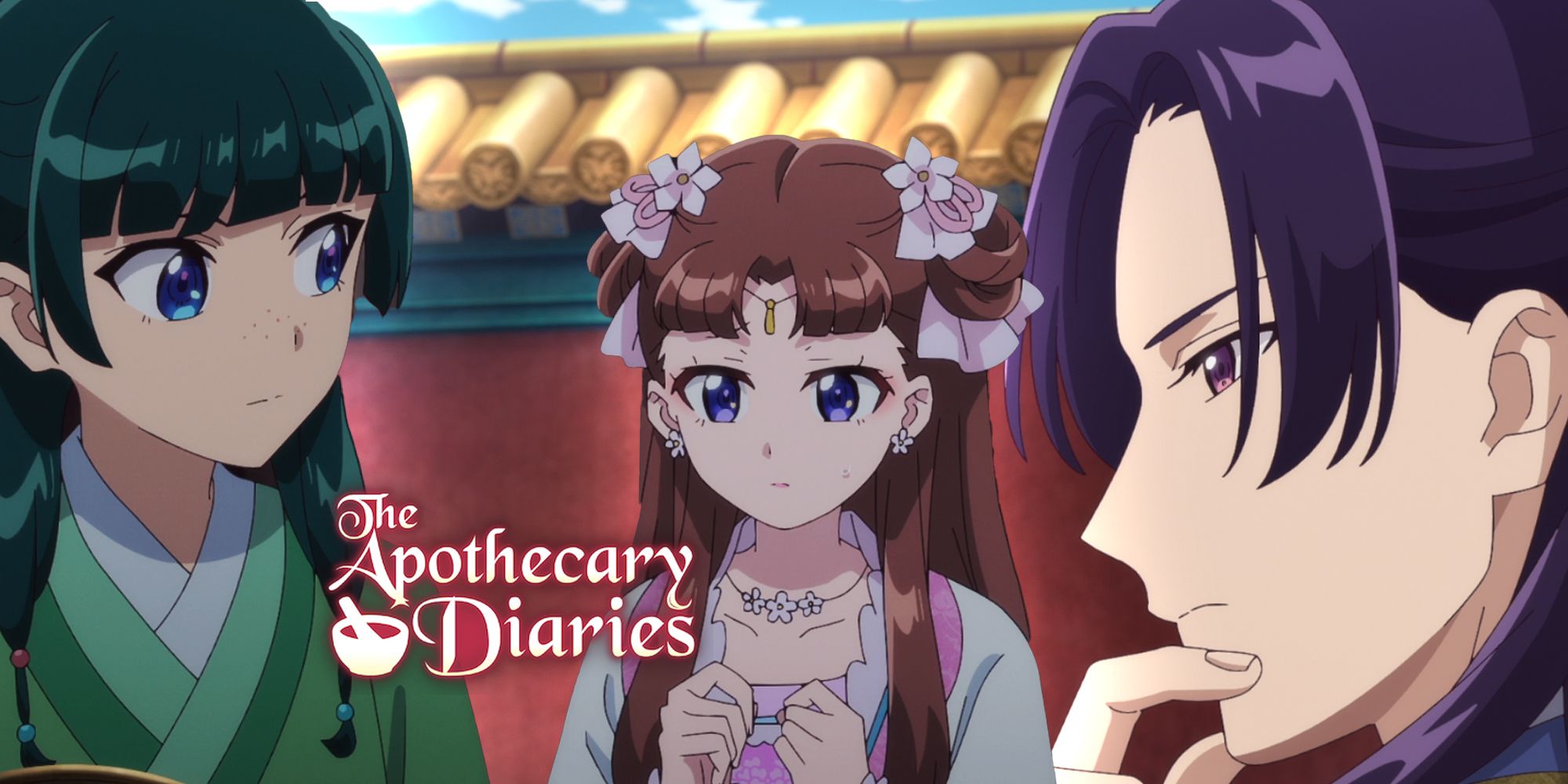 The Apothecary Diaries episode 38 collage with Maomao, Lishu and Jinshi