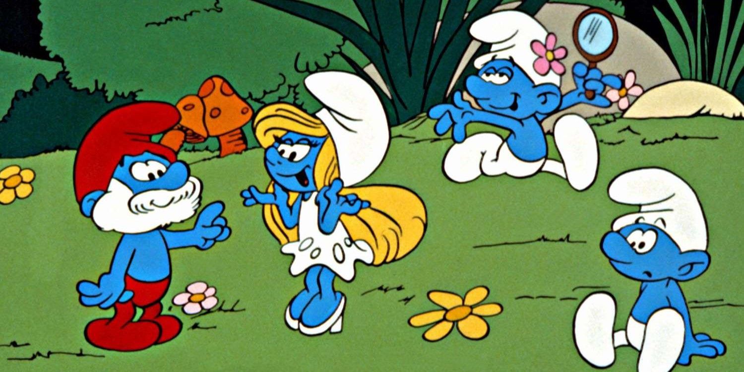 The Smurfs play together in a field