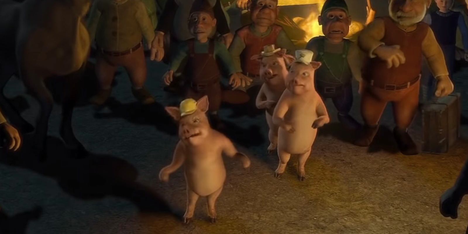 Tres cerditos explicando su desalojo a Shrek en la primera película de Shrek