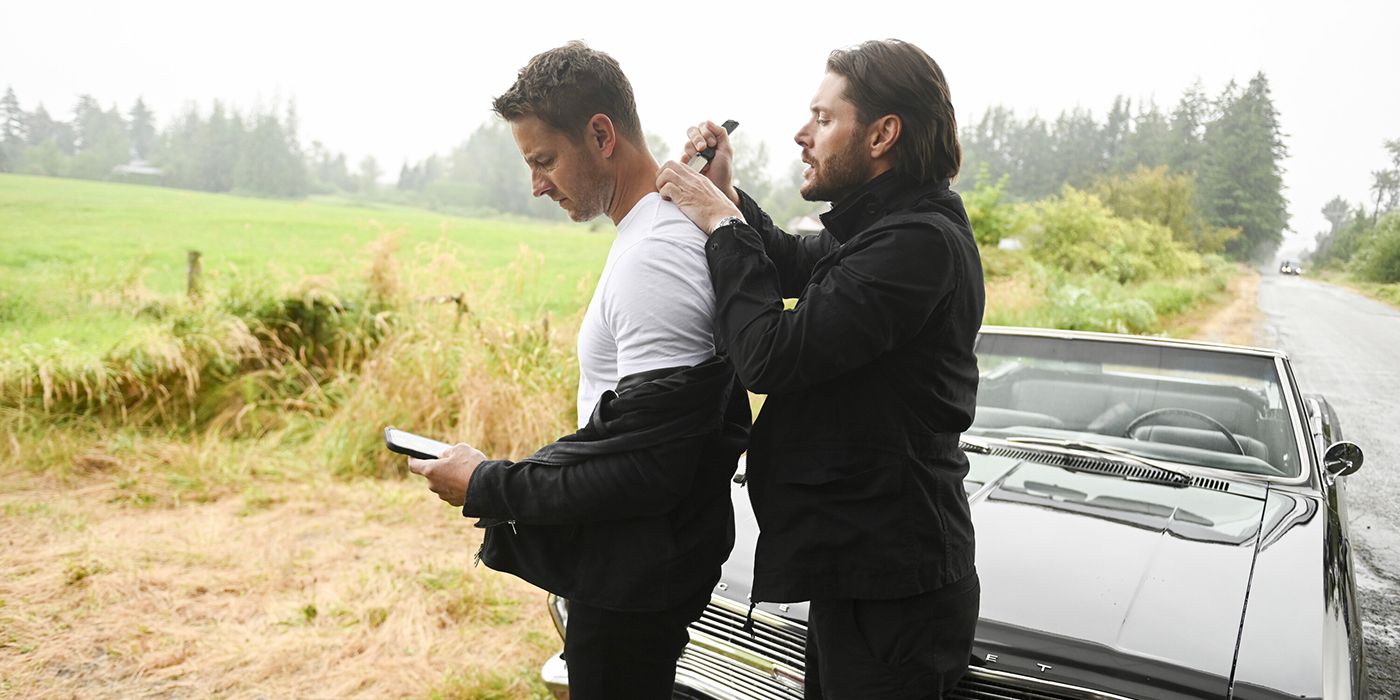 Russell patching up an injury on the back of Colter's neck in Tracker.