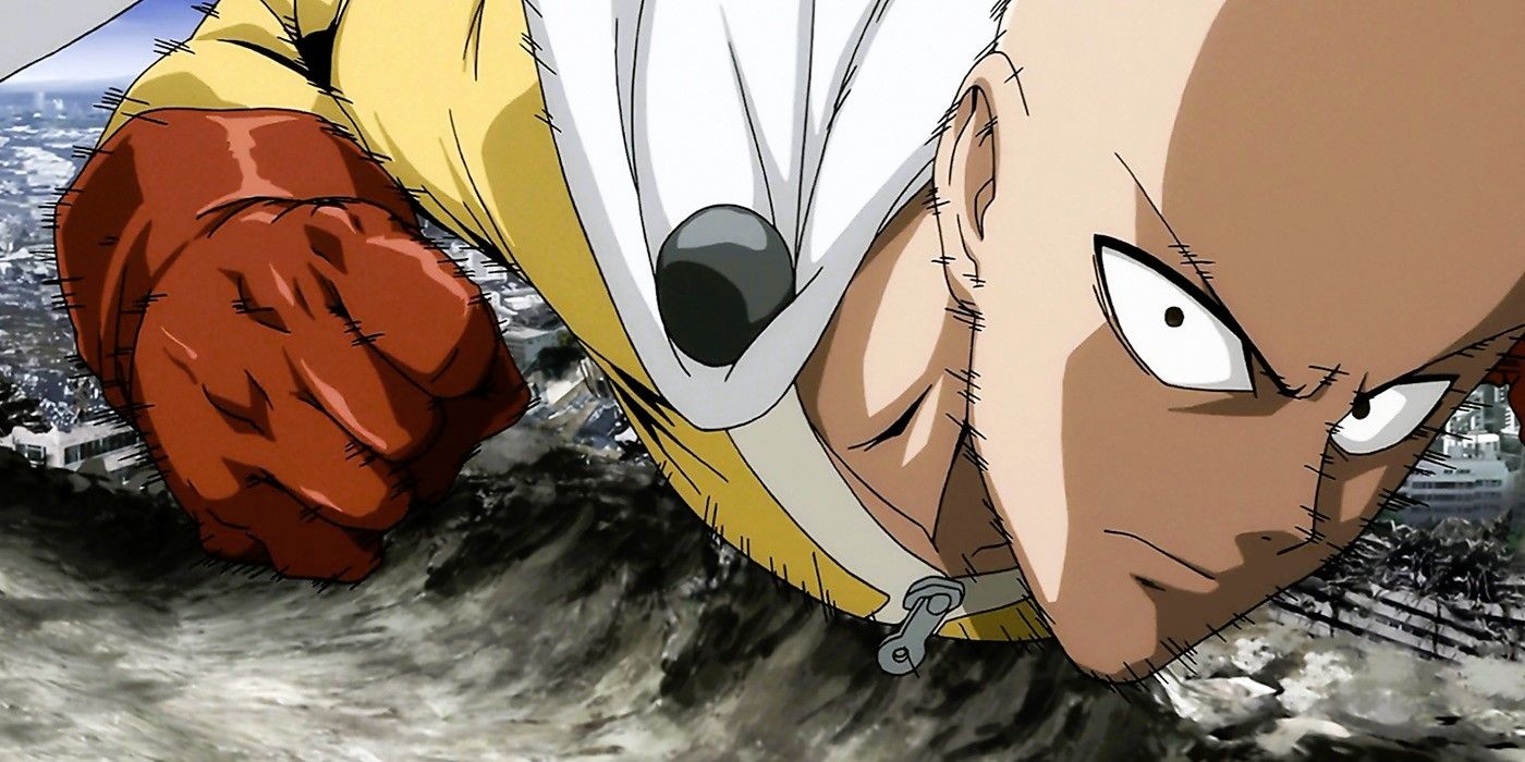 Saitama fights in the anime of a man with a blow