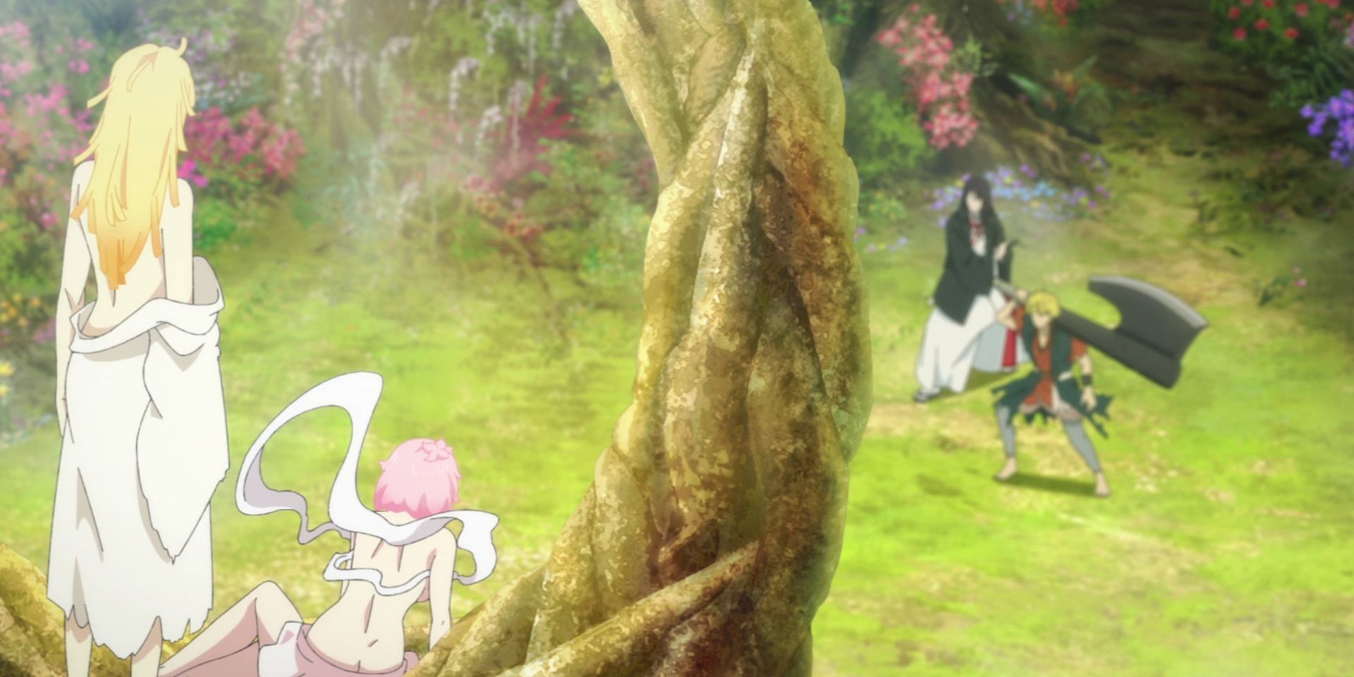 Ju Fa y Tao Fa miran a Chobei y Toma en Hell's Paradise.