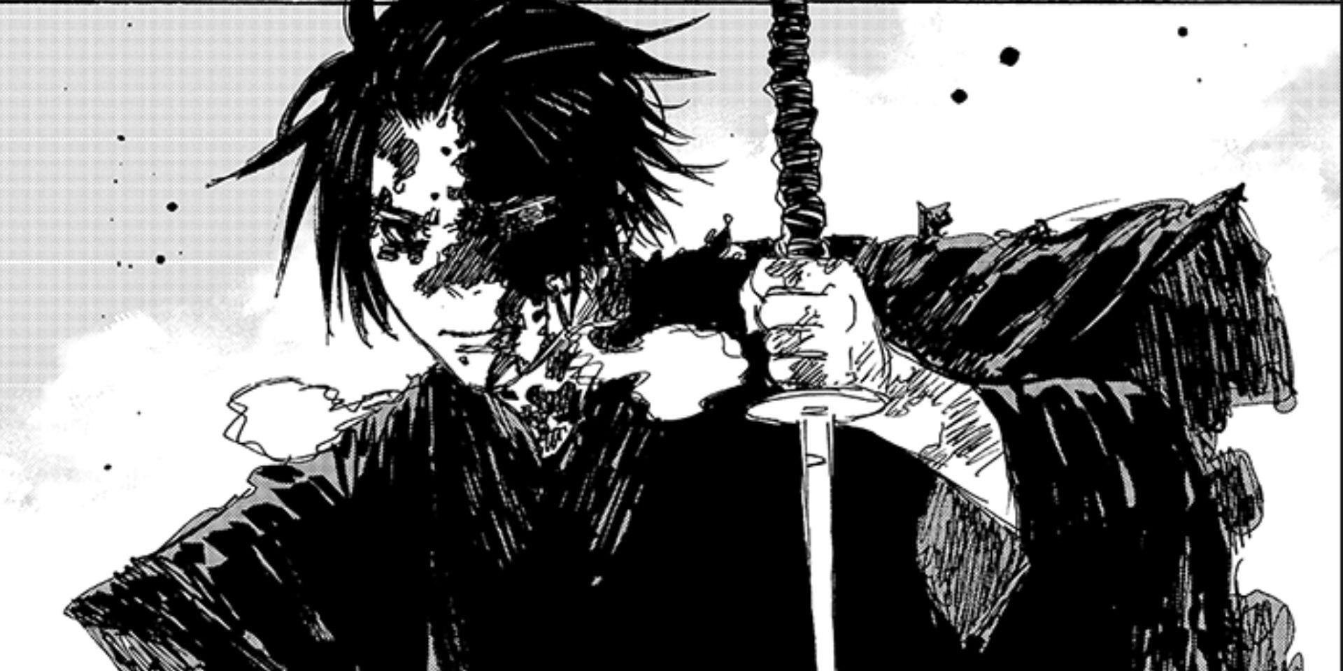 Shugen, gravemente quemado, habla con Sagiri en el manga de Hell's Paradise.