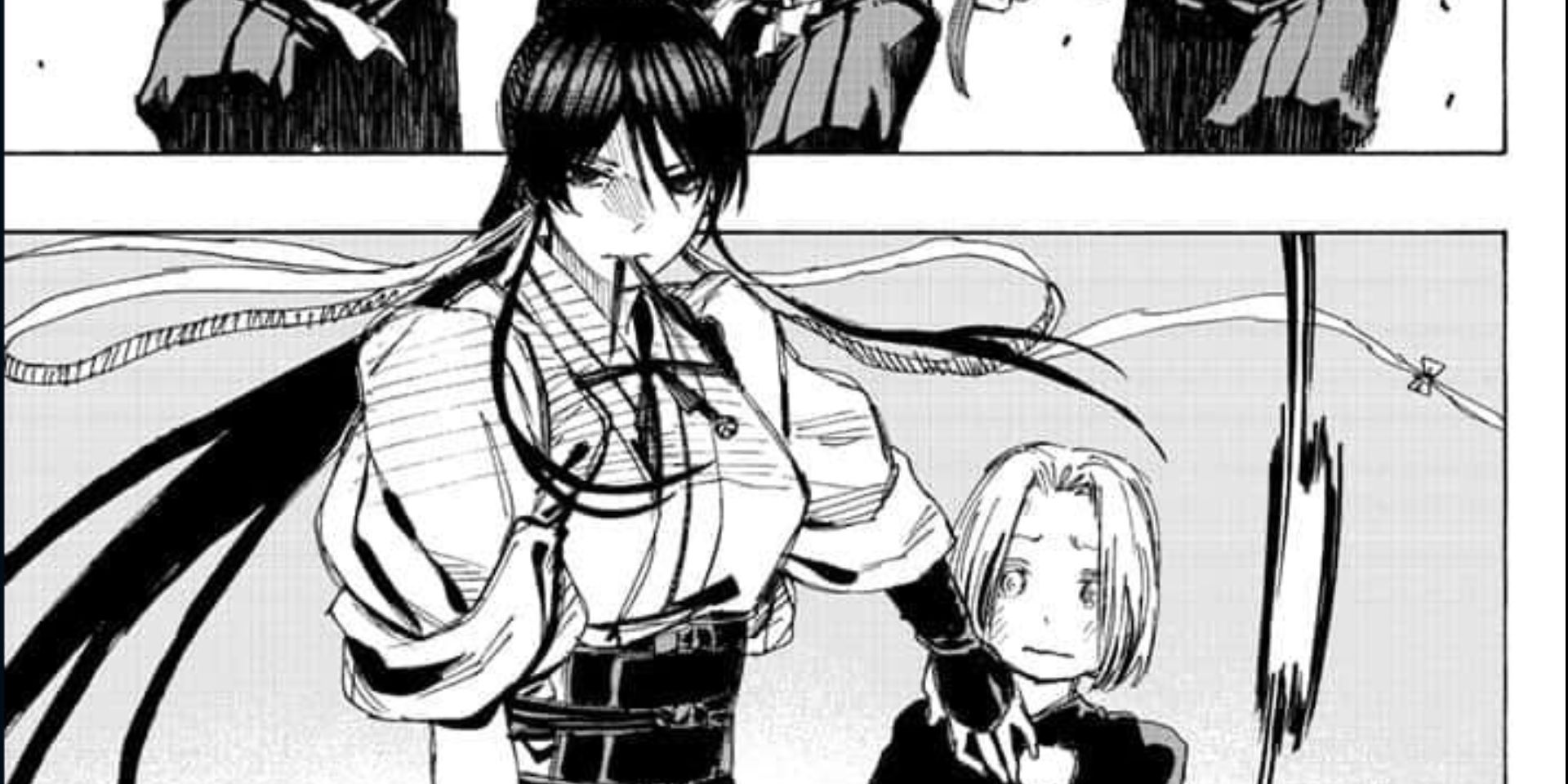 Sagiri protege a Mei con una expresión seria en el manga de Hell's Paradise.