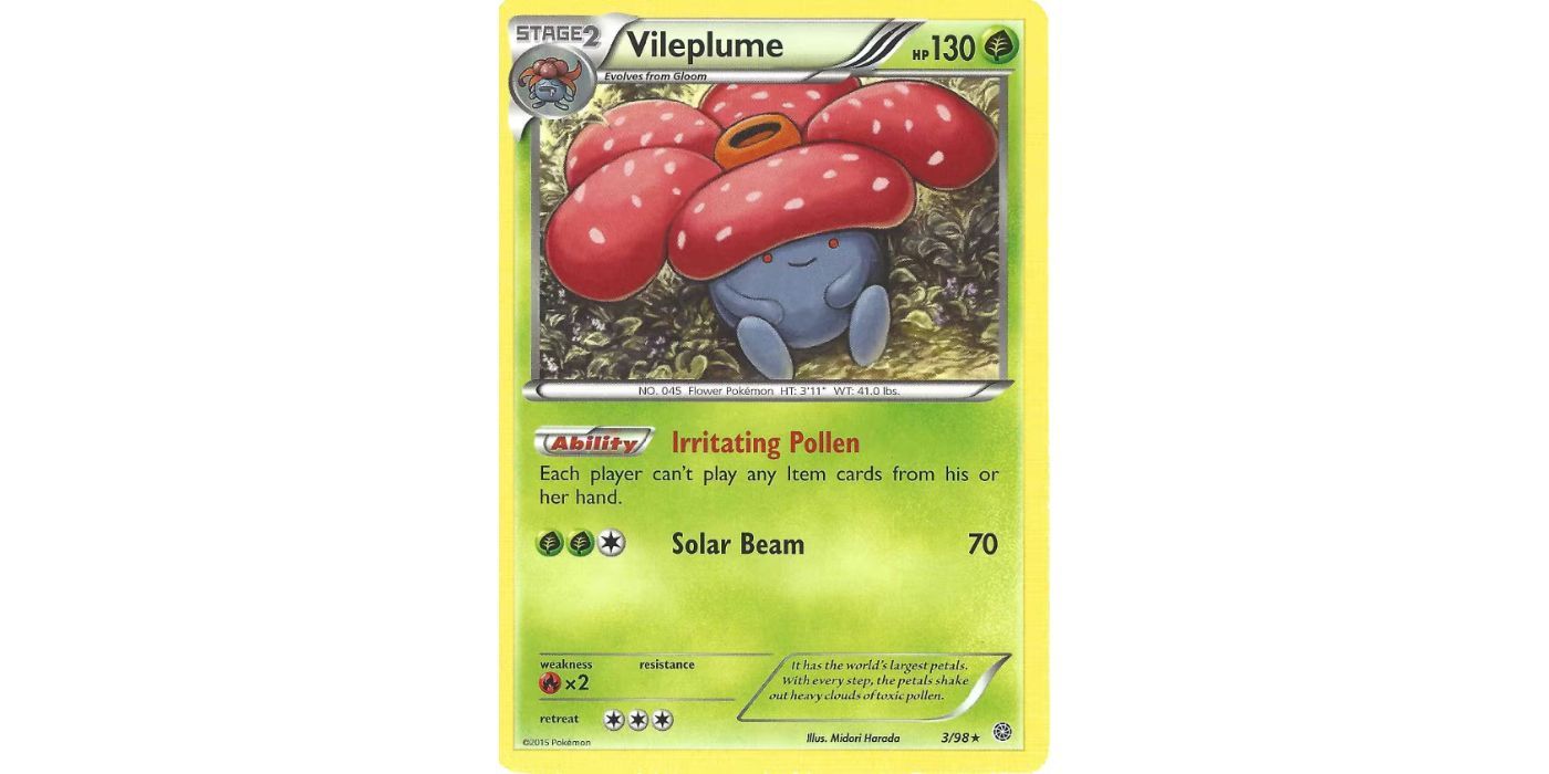 A Vileplume sitting in a forest in card art for the Pokémon TCG Ancient Origins expansion.