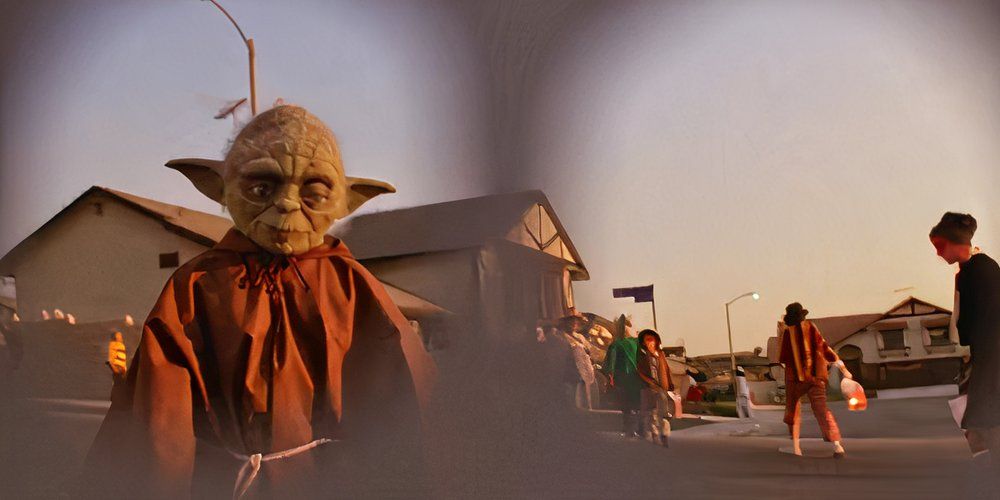 A kid dressed like Yoda from Star Wars in E.T. the Extra-Terrestrial