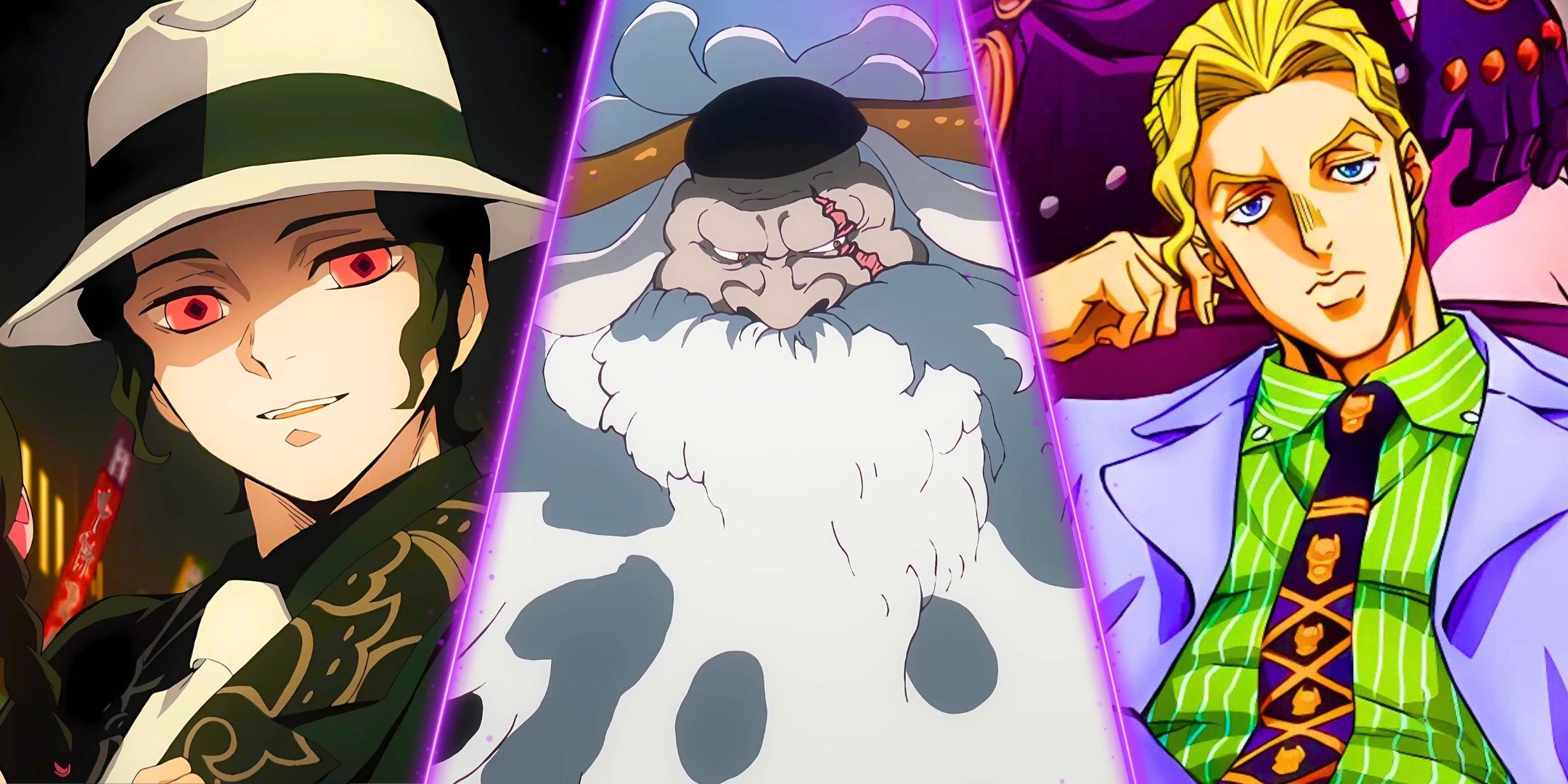 A divided image of Muzan Kibutsuji of Demon Slayer, JayGarcia Saturn of One Piece and Yoshikage Kira of the Bizarre Adventure of Jojo