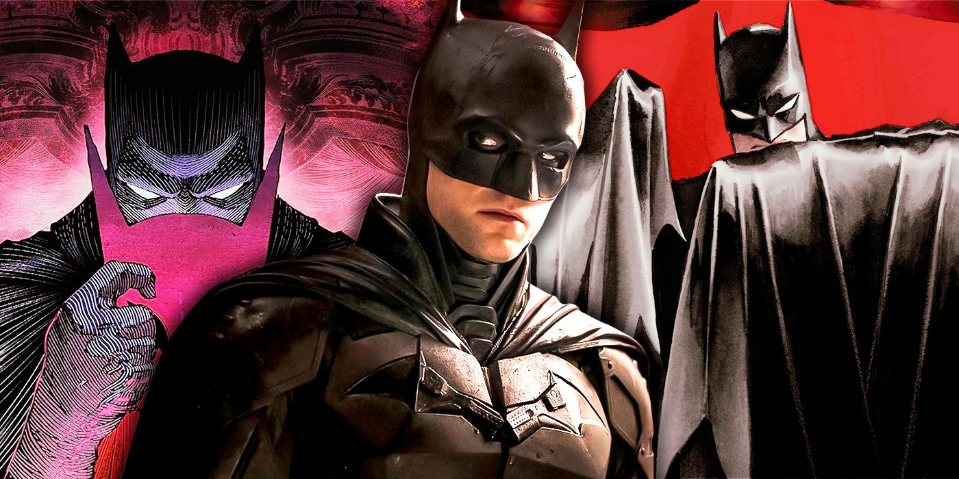 live-action Batman with comic covers from Batman and the Mad Monk, Gotham Nocturne on the background