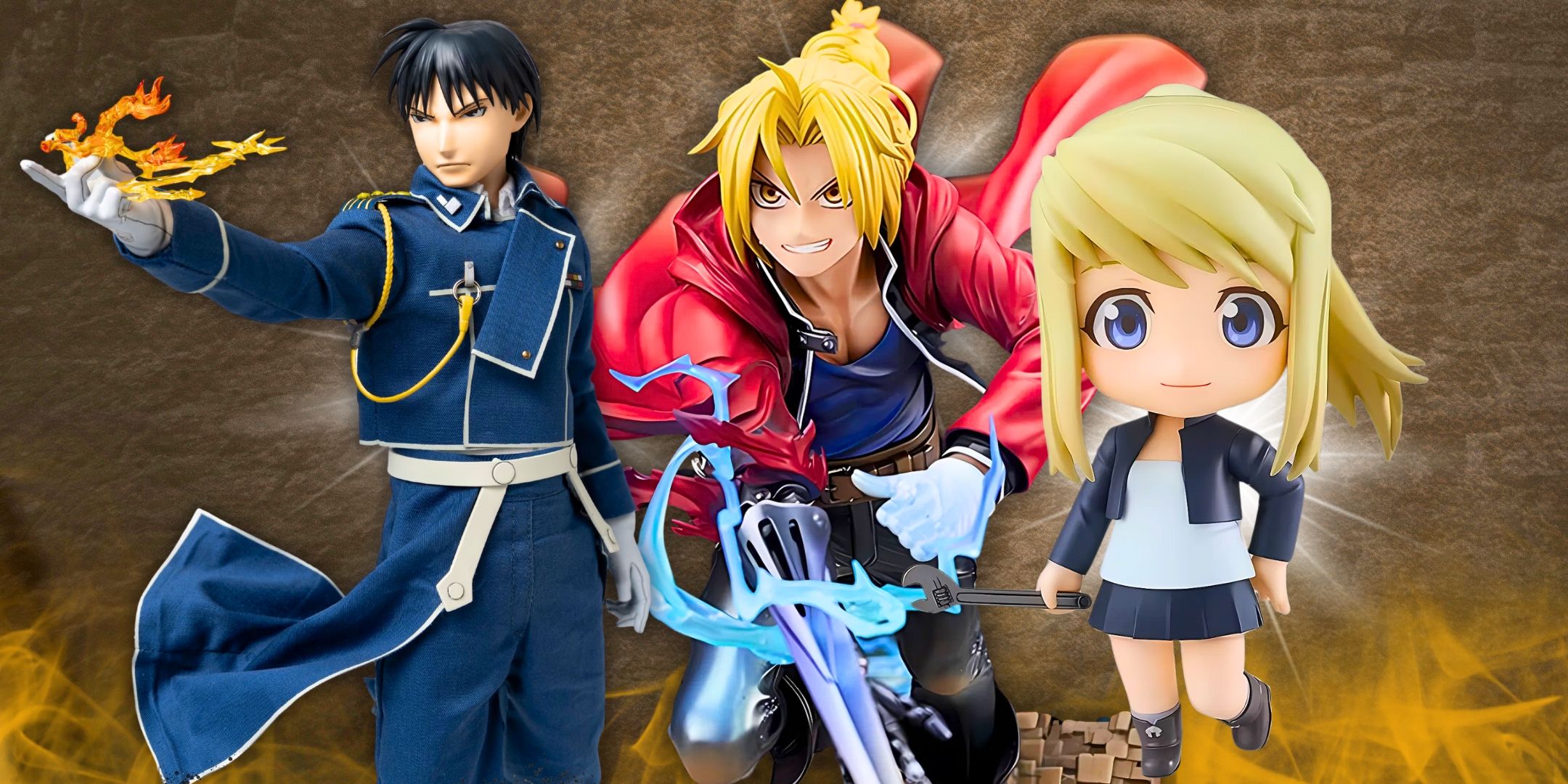 Un collage de figuras de Edward Elric, Winning y Mustang de Fullmetal Alchemist