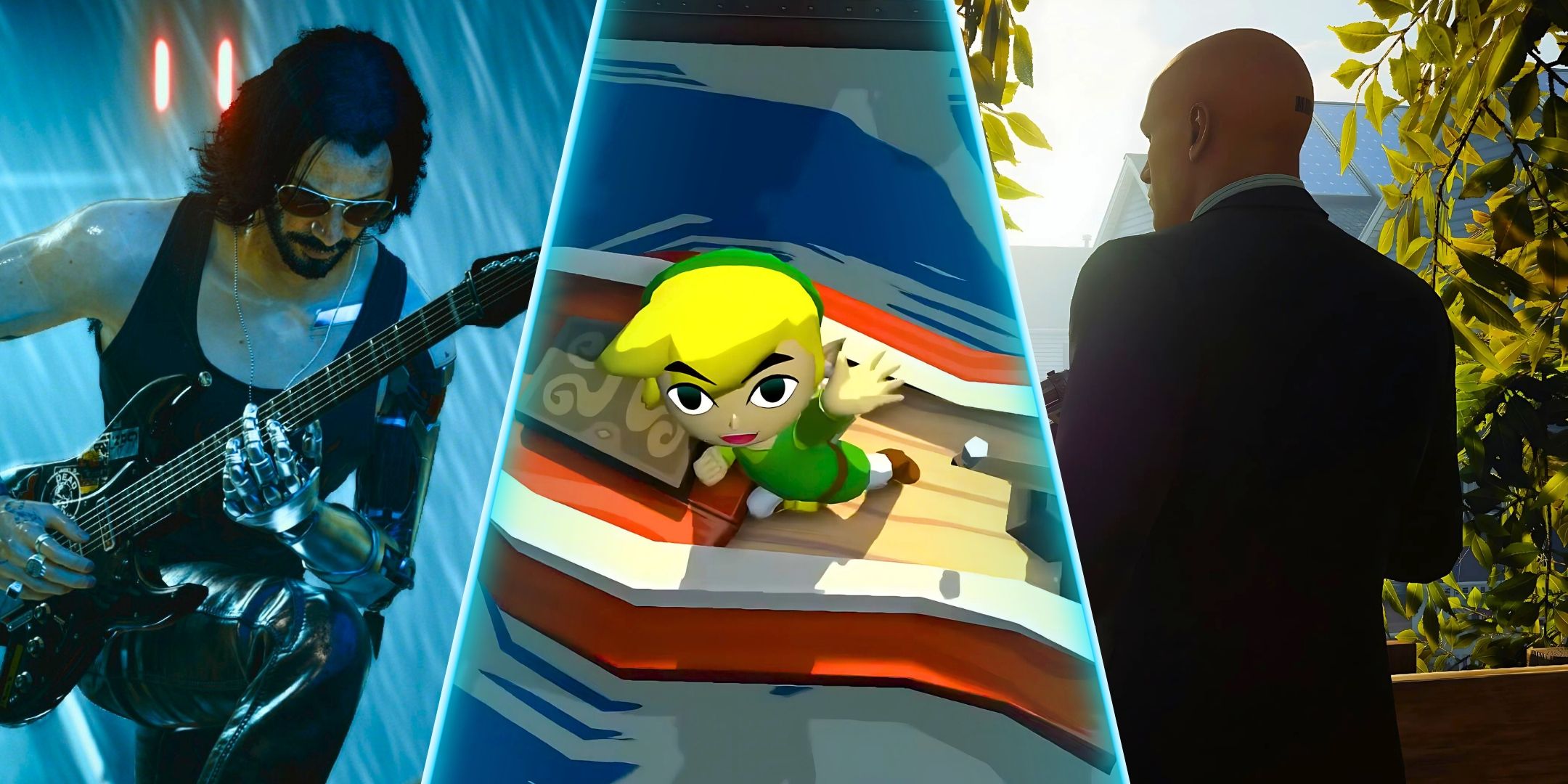 Una imagen dividida de los Juegos Legend of Zelda: Wind Waker, Cyberpunk 2077 y Hitman 3