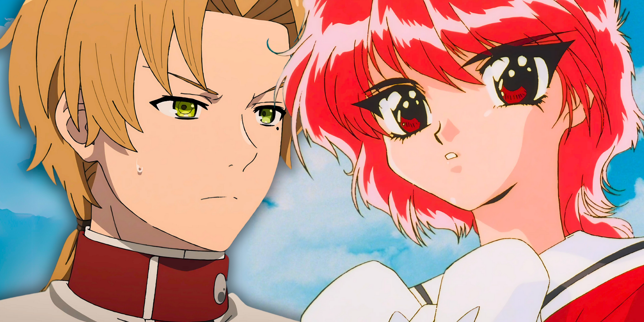 A collage of Knight Rayearth from with Magic Knight Rayearth a determined Rudeus in the background