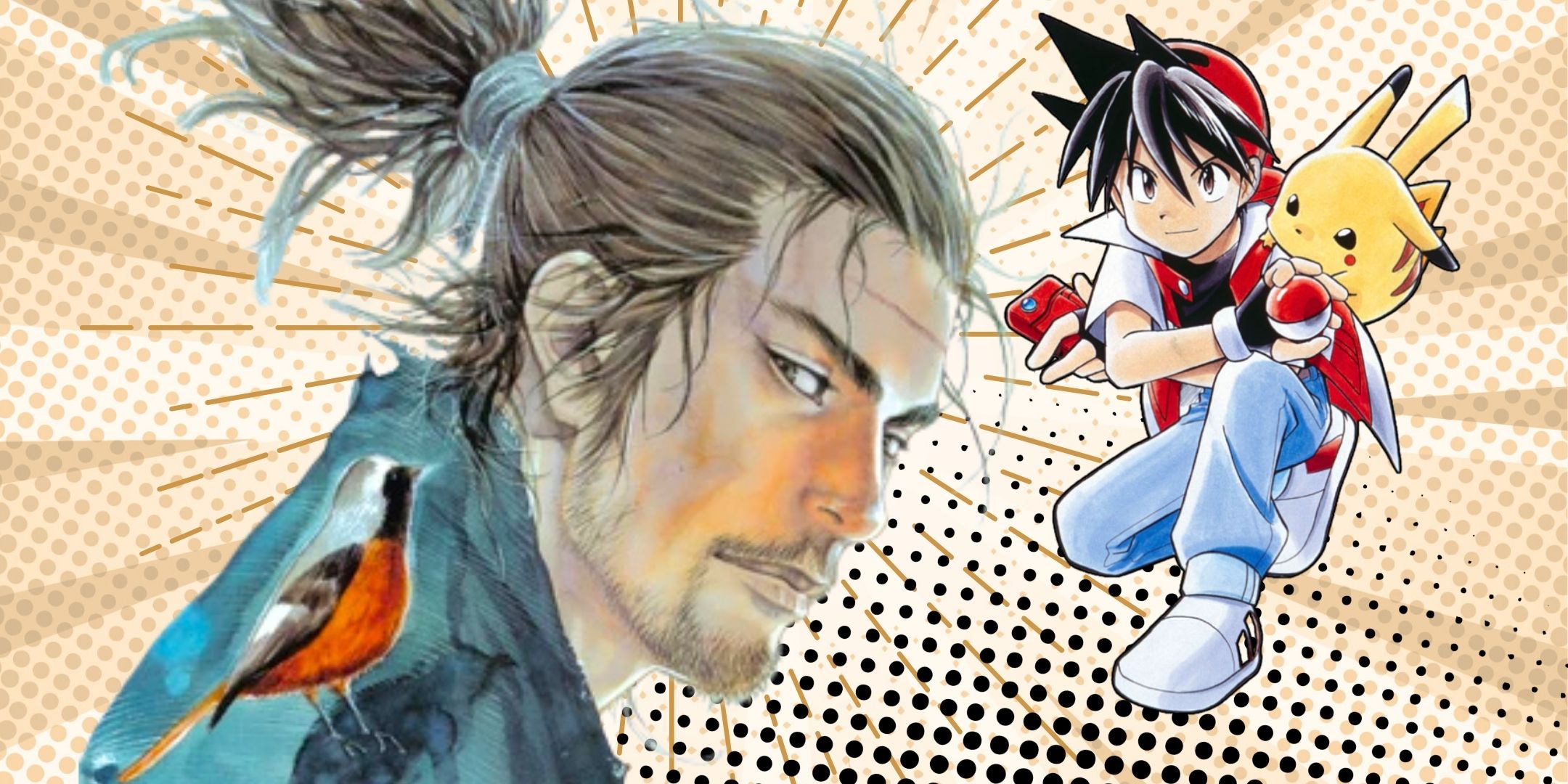 A collage of Musashi Miyamoto of Vagabond and Red of Pokémon Adventures