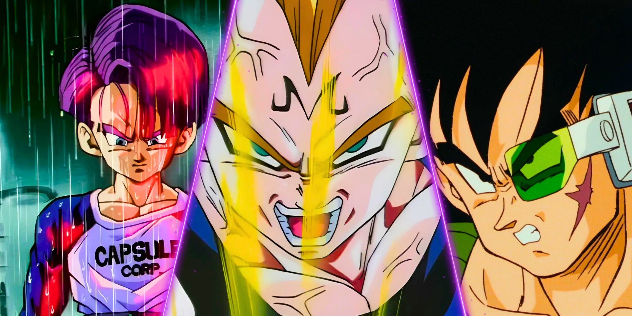 Uma imagem dividida de Bardock, Majin Vegeta e futuros troncos de Dragon Ball Z