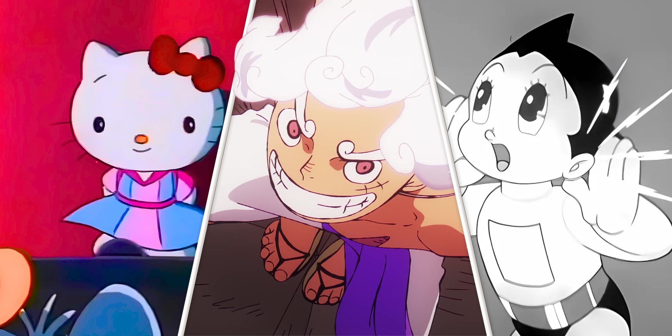 A split image with Hello Kitty from anime hello kitty original, Luffy de One Piece, and Astro Boy of the original anime