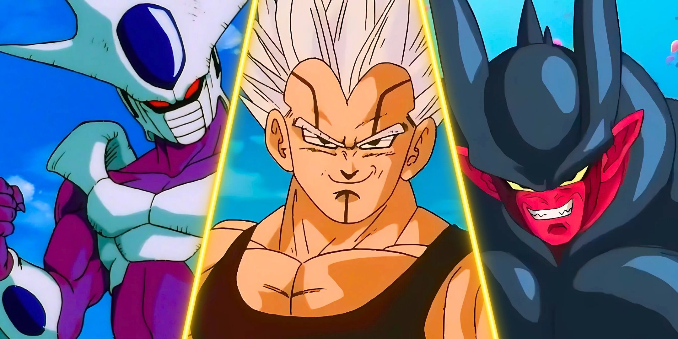 A split image of Baby Vegeta, Cooler and Janemba from Dragon Ball