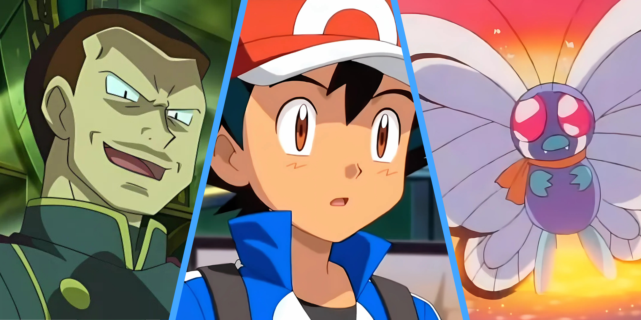 A split image of Ash Ketchum, Giovanni and Butterfree from Pokémon