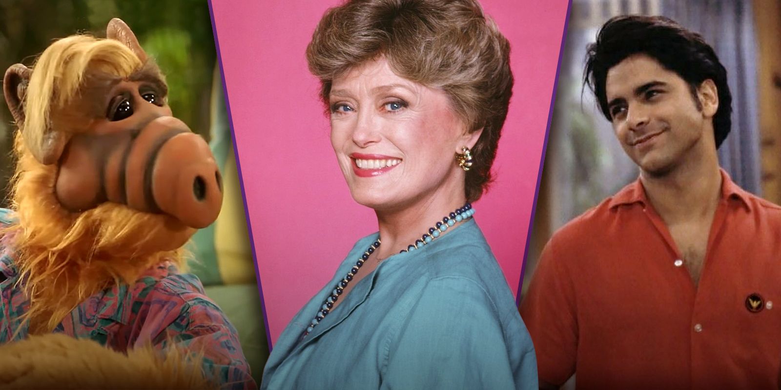 10-Weirdest-Details-in-'80s-Sitcoms featuring A split featuring Blanche (Golden Girls), Uncle Jesse (Full House), Alf