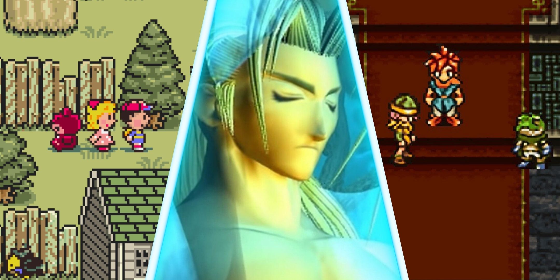A split image of Chrono Trigger, Final Fantasy VII and Earthbound