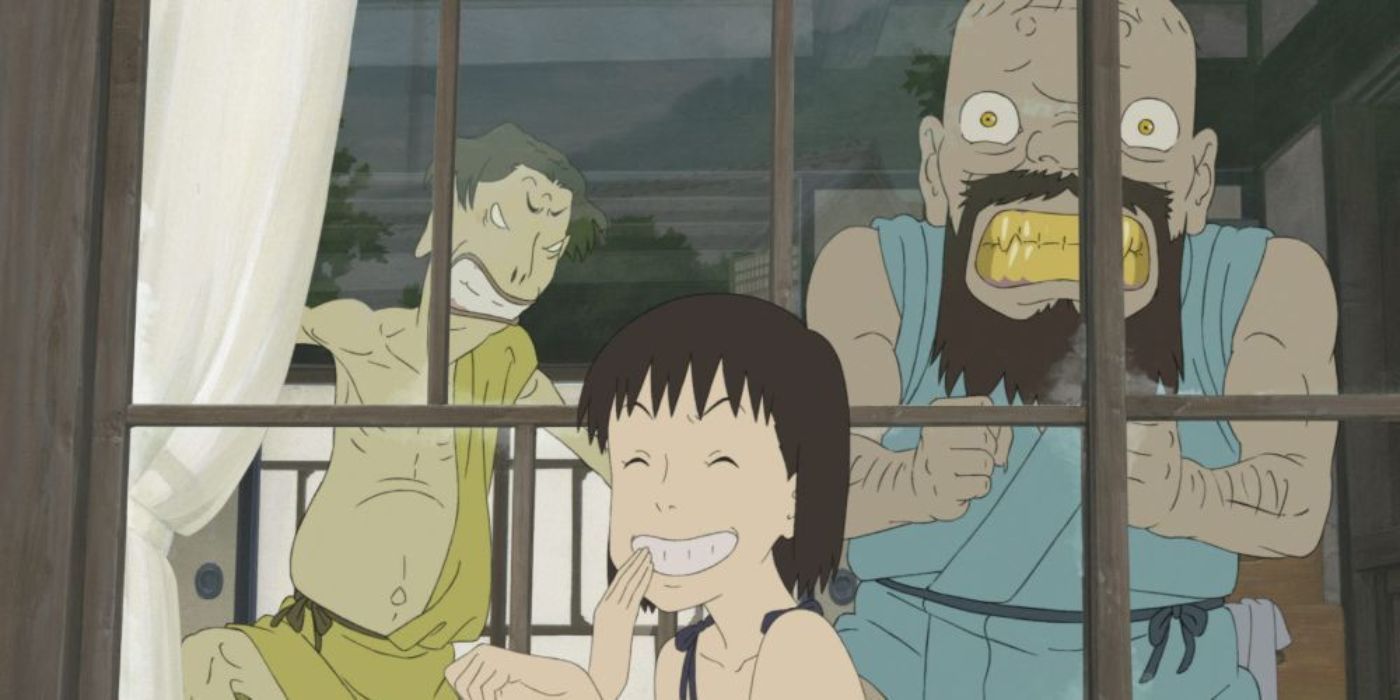 Momo ríe traviesa mientras dos yokai se ven enojados en A Letter to Momo.