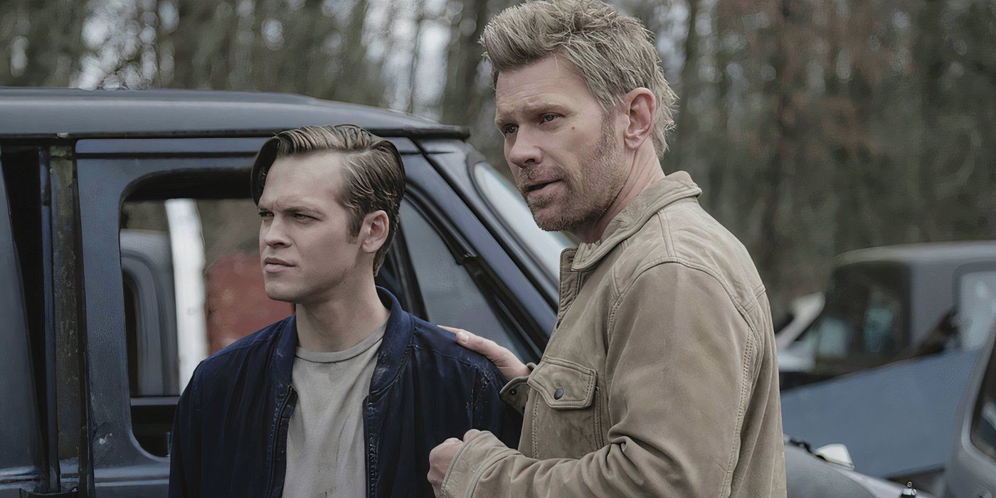 Alexander Calvert as Jack and Mark Pellegrino as Lucifer standing against a truck in Supernatural