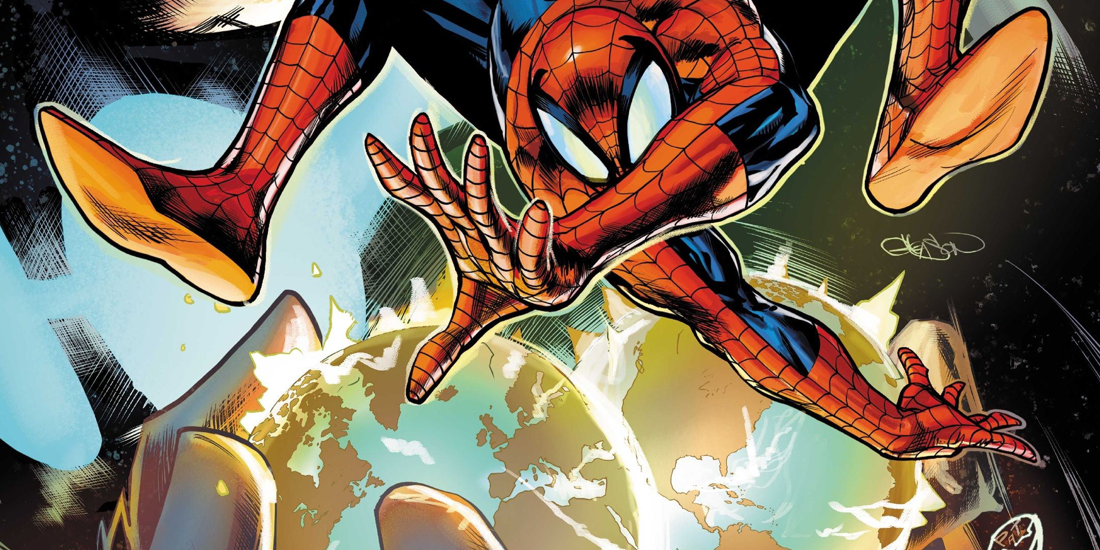 Spider-Man ahead of two crashing worlds