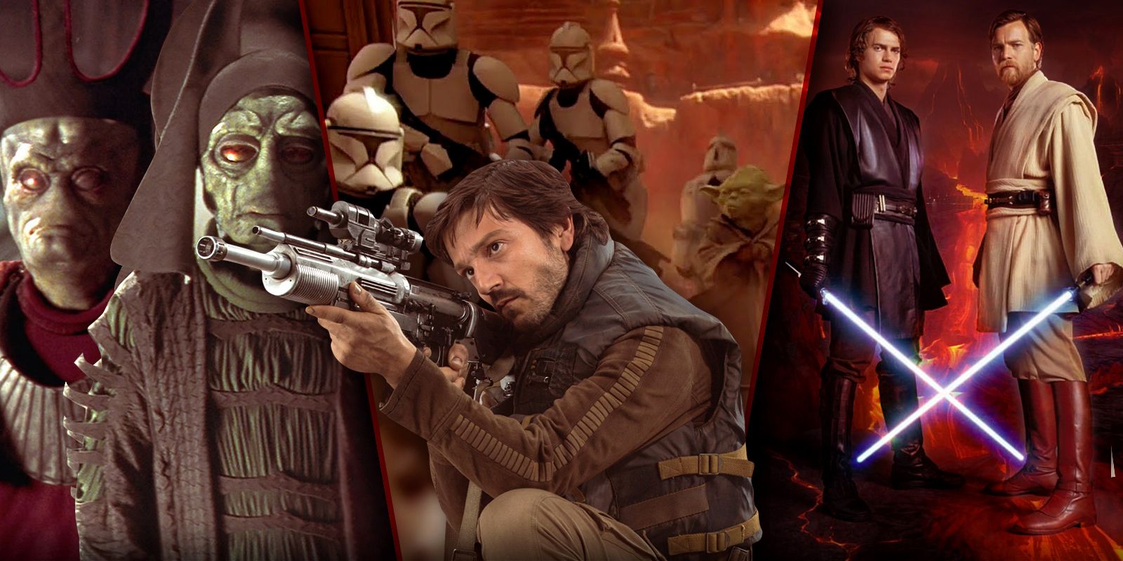 Andor's-Success-Is-the-Ultimate-'Rehabilitation'-of-the-Star-Wars-Prequel-Trilogy featuring Cassian Andor with scenes from each of the Prequel Trilogy in the background. Trade Federation from Episode 1, The Clones from Episode 2, Obi and Anakin from Revenge of the Sith